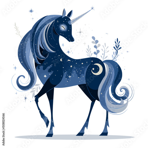 A unicorn with starry mane in midnight blue
