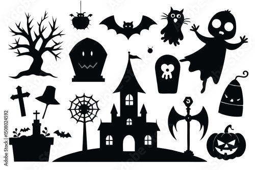 Black silhouettes of creepy ghosts, spider, castle, tombstone, bat, bare tree depict a Halloween theme