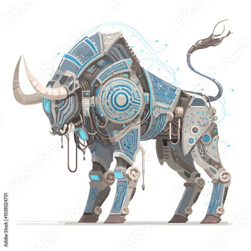 A half-robot Minotaur with neon blue circuits and metallic limbs.