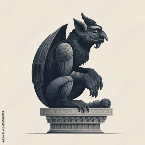 A stone gargoyle with wings spread, perched on a Gothic arch.