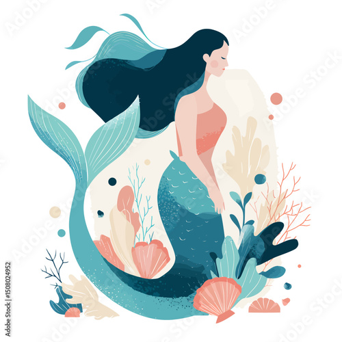 A vibrant mermaid with turquoise tail among coral and seashells