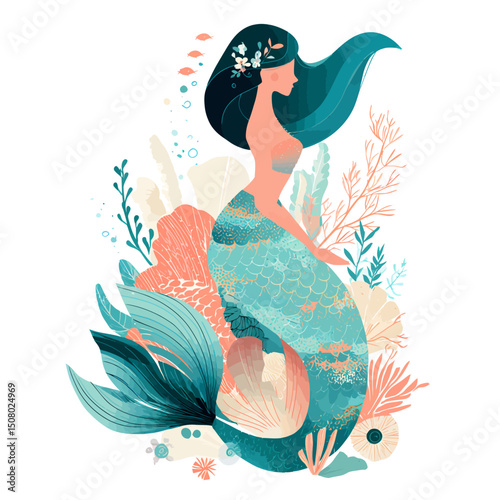 A vibrant mermaid with turquoise tail among coral and seashells