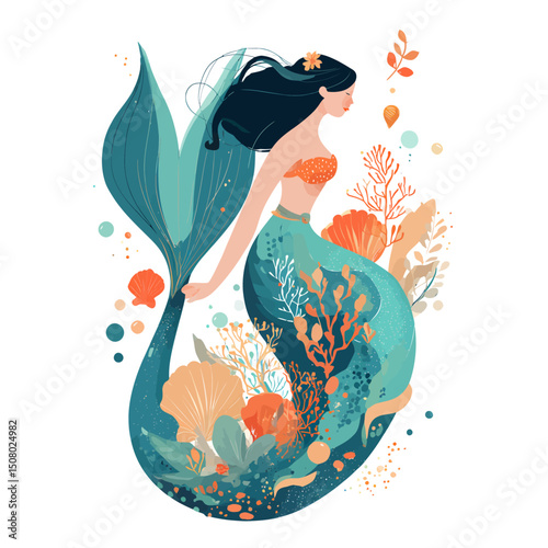 A vibrant mermaid with turquoise tail among coral and seashells