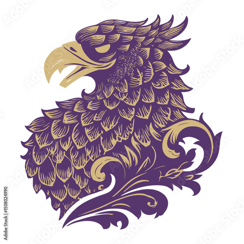 A griffin with eagle head and lion body in regal purple and gold