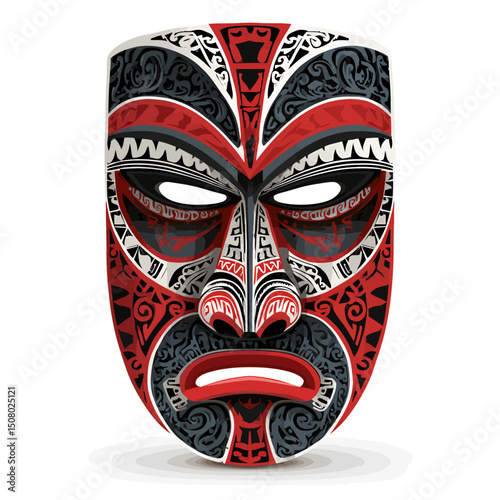 A tribal Tiki mask with bold patterns in red, black, and white.