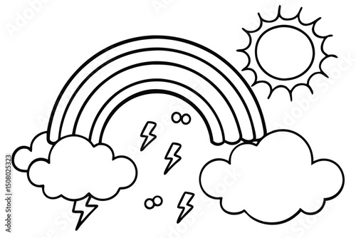 Bold line weather features rainbow above clouds with lightning and sun shining brightly