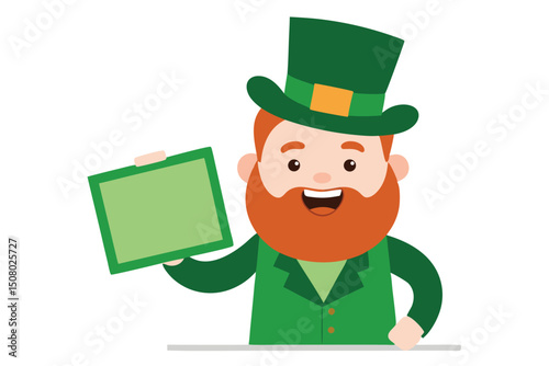 Cheerful leprechaun displays a green clipboard while wearing his festive hat and suit with a big smile