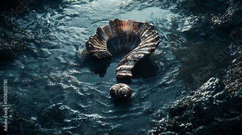 Abstract Digital Render of Question Mark Submerged in Textured Blue Water with Granular Pixelated Design and Metallic Appearance