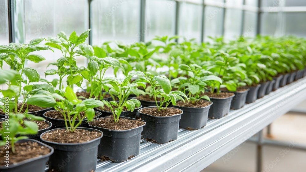 Aesthetic gardening scene featuring greenhouse rows with small plants in a lush environment. Aesthetic gardening scene featuring greenhouse rows with small plants in a lush environment.