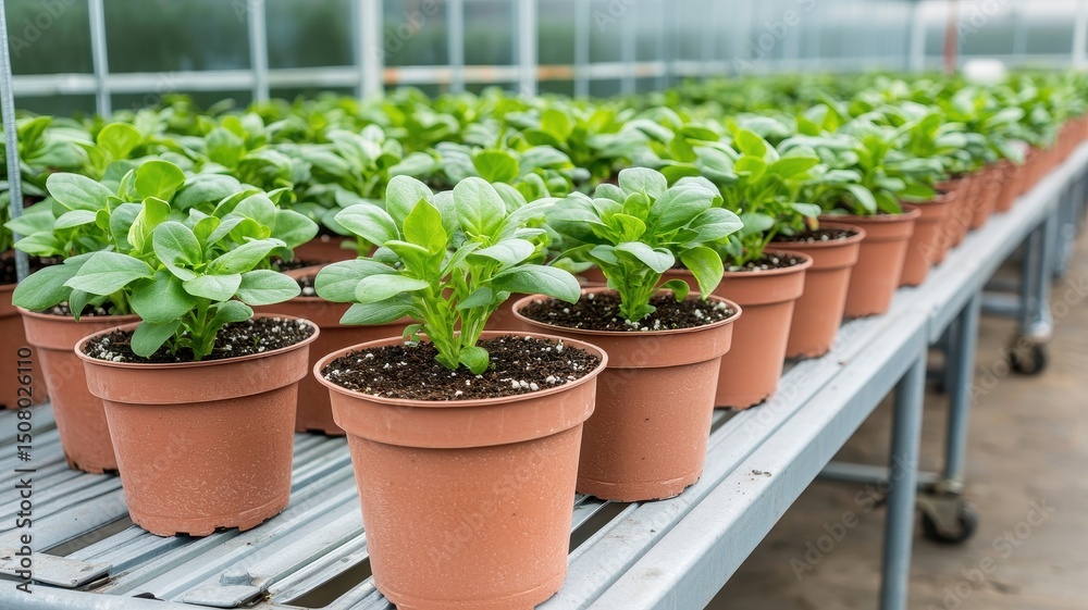 Aesthetic greenhouse with rows of small plants, showcasing a vibrant gardening scene. Aesthetic greenhouse with rows of small plants, showcasing a vibrant gardening scene.