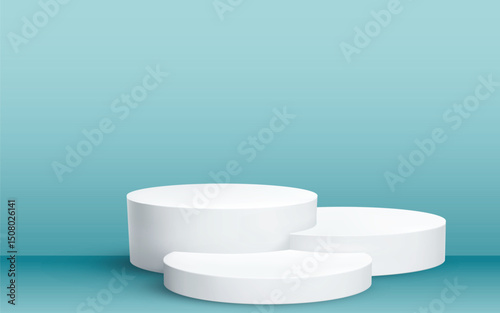 Minimalistic composition featuring three white cylindrical podiums of varying heights on a soft gradient blue backdrop. Ideal for product displays, 3D rendering mockups, and modern design presentation