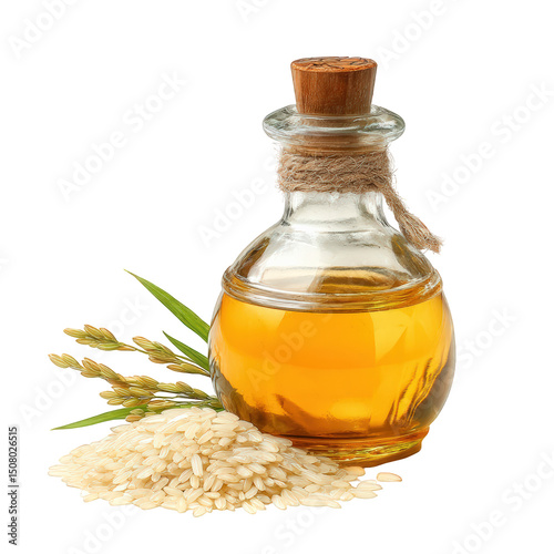 Bottle of rice bran oil is elegantly displayed alongside grains of rice and rice plants, showcasing its natural essence and culinary appeal. This captures vibrant color and texture of oil