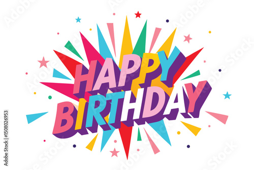 Colorful lettering spells happy birthday amidst star shapes on a vibrant white backdrop