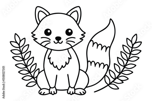 Cute fox sits calmly amidst delicate leaf branches creating a charming monochrome scene