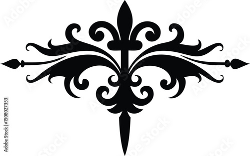 Detailed black floral emblem radiates beautifully with intricate curls and sharp edges on white