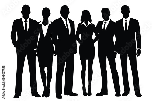 Diverse group of business professionals stand together, showcasing unity and corporate elegance in silhouette