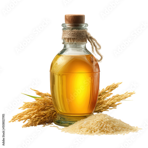 Bottle of rice bran oil is elegantly displayed with rice grains and stalks, showcasing its natural golden hue. This evokes sense of health and culinary delight