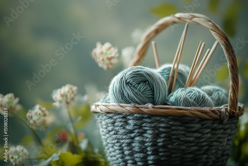 Soft Green Yarn Balls in Wicker Basket Knitting Needles Spring Flowers