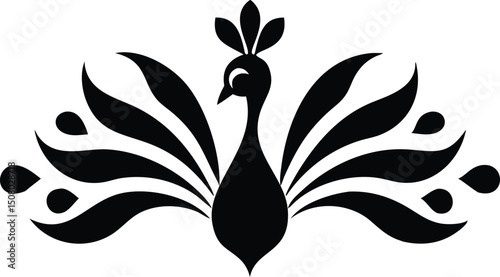 Elegant black silhouette of a peacock spreading its tail feathers creates a striking focal point