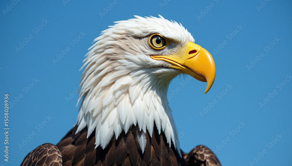 Fototapeta premium Majestic Bald Eagle Portrait Against a Bright Blue Sky Depicting Freedom and Wildlife