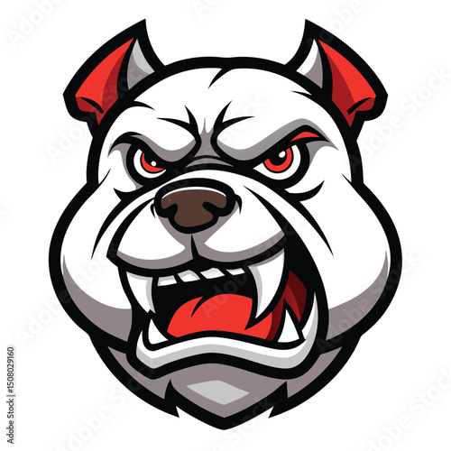 Ferocious white bulldog mascot shows red eyes and menacing teeth powerfully