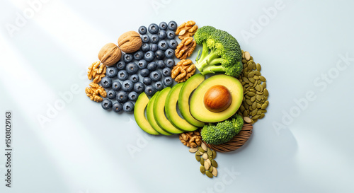 A collection of brain-healthy foods including blueberries, walnuts, avocado, broccoli, and pumpkin seeds, artistically arranged to form the shape of a human brain on a light blue background