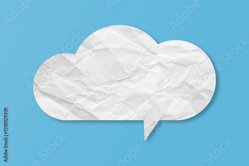 White speech bubble crumpled paper isolated on light blue background