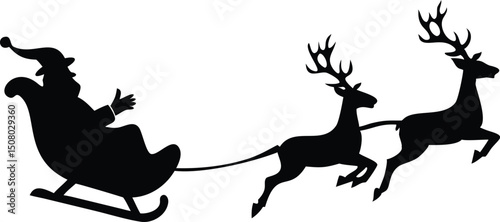 Festive Santa silhouette waves joyfully from his sleigh pulled by two reindeer