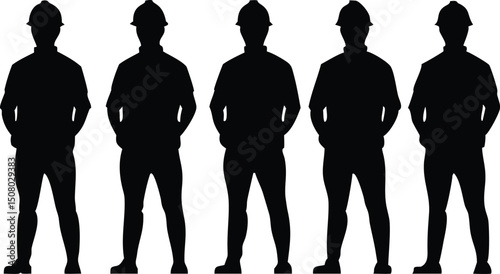 Five black silhouette figures wearing hard hats stand in a row on a white background