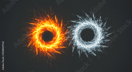 Abstract Fire and Ice Rings Fiery Orange and Crystalline Blue Swirls Opposing Elements Design