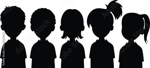 Five young children of different hairstyles stand together in dark silhouette style isolated