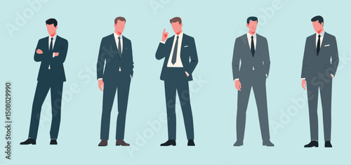 "Five confident businessmen in formal suits standing isolated on light blue background, diverse professional poses, corporate leadership and business teamwork concept"

flat vector illustration