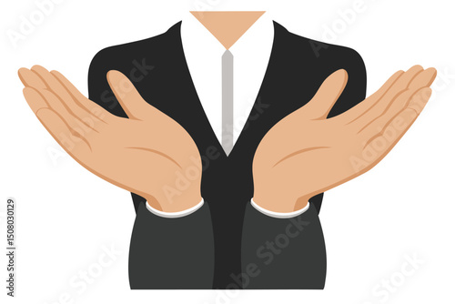 Formal man with open hands in a jacket holds nothing, facing forward