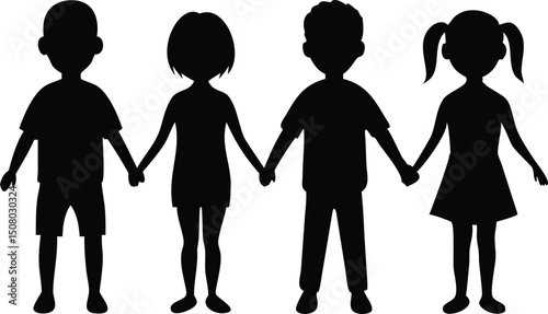 Four children in silhouette are holding hands, illustrating friendship and unity together