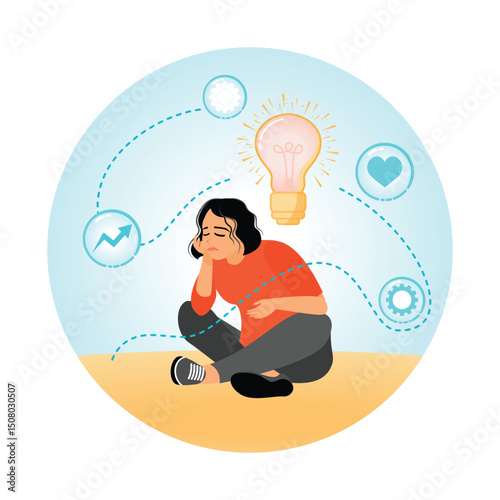 Woman Sitting and Pondering Amidst Imaginary Symbols.