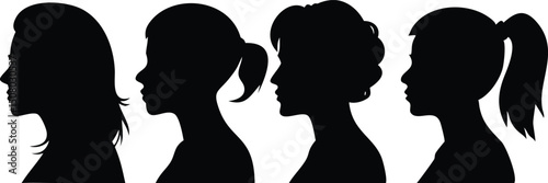 Four distinct woman silhouettes display varied hairstyles, from long flowing locks to a short ponytail