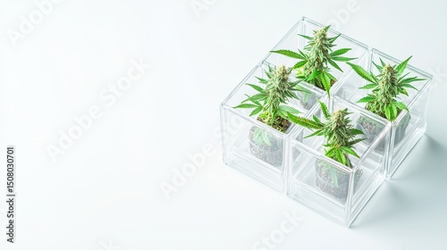 Cannabis and mental health concept. Plants in clear containers arranged in a geometric pattern on a minimalistic surface.