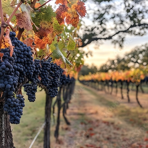 Clusters of ripe grapes hang heavy on autumnal vines.