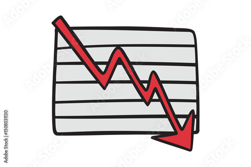 infographic chart fall business down arrow red icon doodle hand drawn. colorful cartoon line drawing clipart symbol business bust