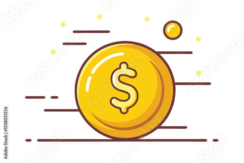 Golden dollar coin symbol floats amidst dynamic lines and smaller circles illustration