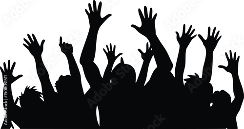 Group silhouette shows crowd raising arms and hands in joy against a bright background