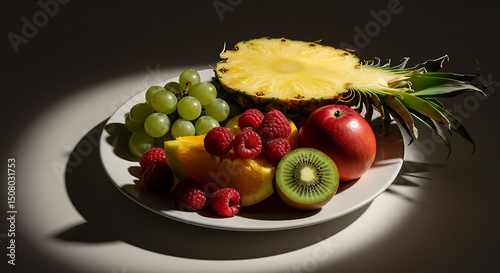 Fresh Fruit Platter Pineapple Raspberries Grapes Kiwi Orange Slices Apple
