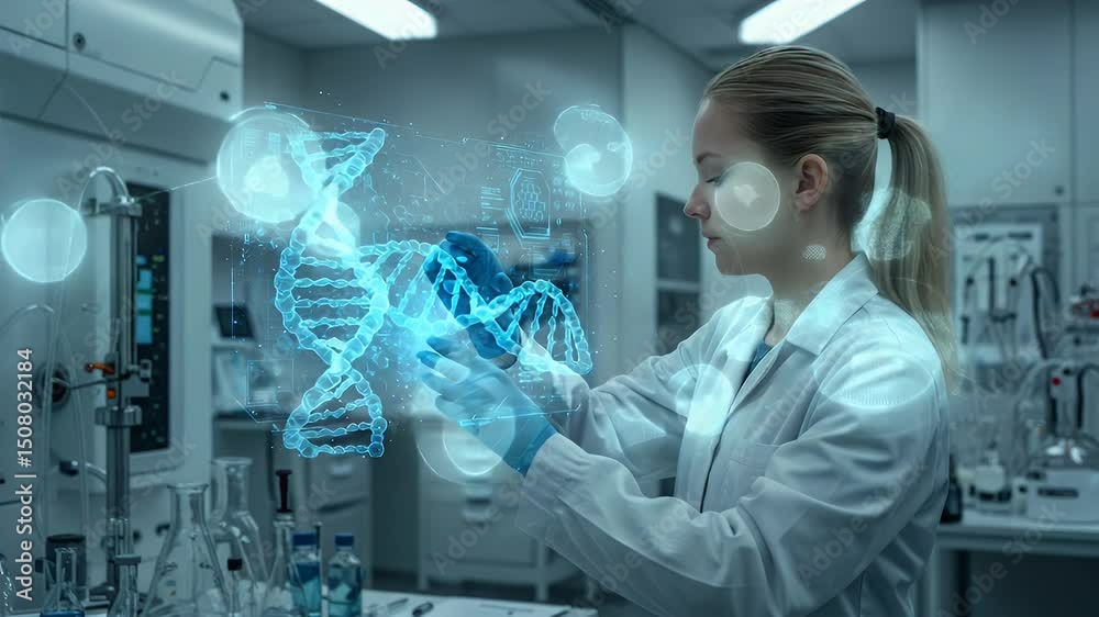 Female scientist interacts with holographic DNA model in a lab Female scientist interacts with holographic DNA model in a lab