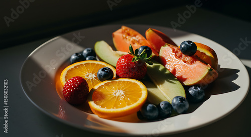 Fresh Sliced Oranges Strawberries Guava Avocado Blueberries on Plate
