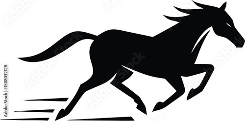 Horse gallops powerfully forward in bold black silhouette, showcasing speed and majestic motion