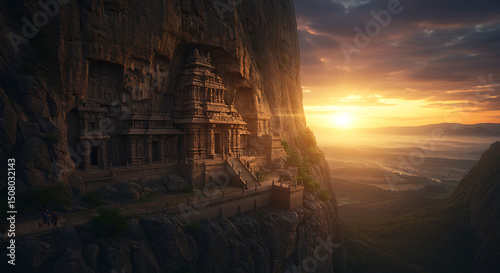 Majestic Sunrise Over Cliffside Ancient Temple Panoramic View Stone Architecture Spiritual Mystical