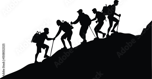 In Silhouette, a team hikes mountain using poles and backpacks together towards the peak