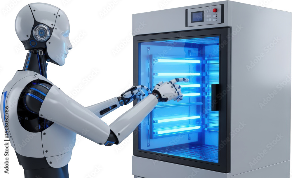 Fototapeta premium Futuristic Robot Interacting with Advanced UV Sterilization Machine
