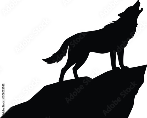 Isolated black wolf silhouette stands howling on a dark rock against a white background