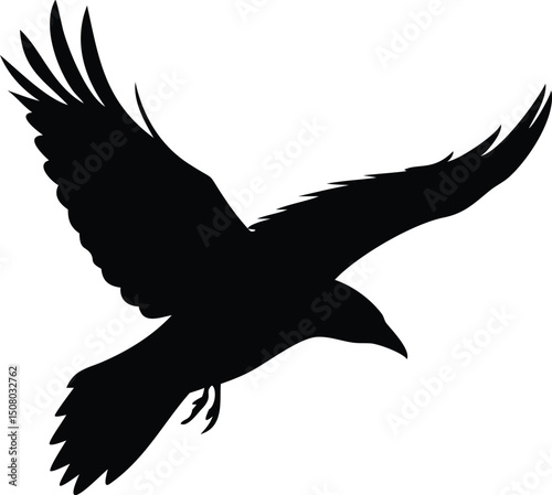 Isolated black silhouette shows a raven or crow in flight against white